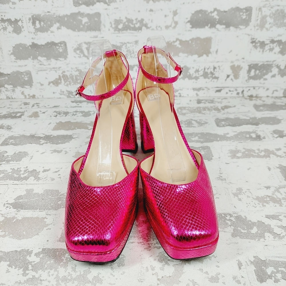 NEW BP BE PROUD Fynn Pink Metallic Ankle Strap Platform Heeled Sandals K297 - Picture 3 of 12
